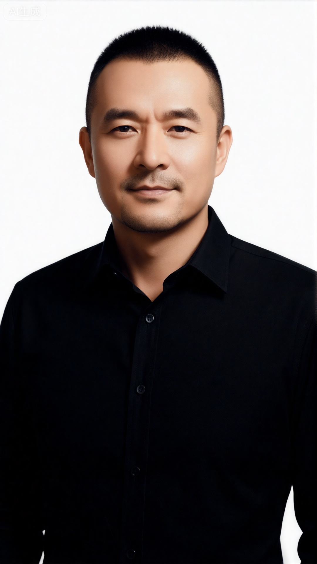 chenjianbin,Photograph of an Asian man in his late 30s to early 40s with short

dark hair and a slight receding hairline. He has a medium build

light to medium skin tone

and a clean-shaven face with a neutral expression. He is wearing a black

long-sleeved button-up shirt with the top button slightly open. The background is a plain

bright white

making the subject stand out prominently. The lighting is even

highlighting his facial features and the texture of his shirt. The overall style is professional and formal

focusing on a clear

detailed portrait.