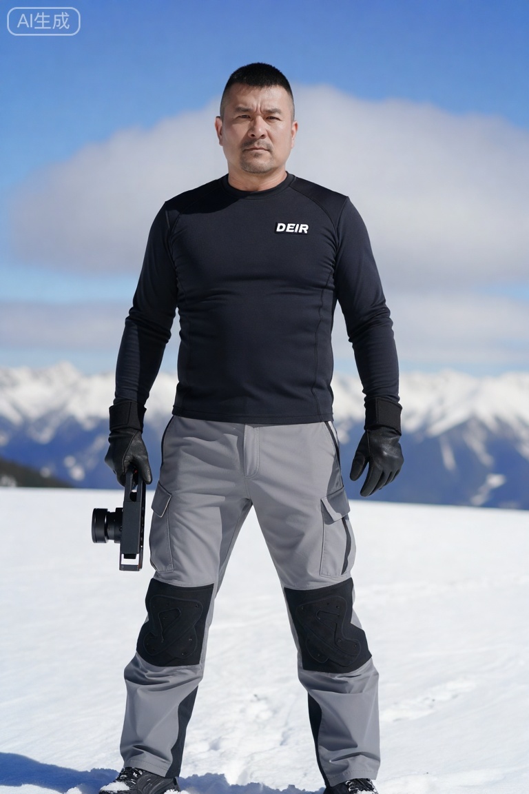 DYWH,A middle-aged man with a tough face, a crew cut, and a determined look. He is wearing a dark functional top with logos such as "DEIR", paired with light gray cargo pants (with knee pads and strap designs on the legs), black gloves, and holding equipment. He stands in a snowy mountain scene with clouds and blue sky in the background.