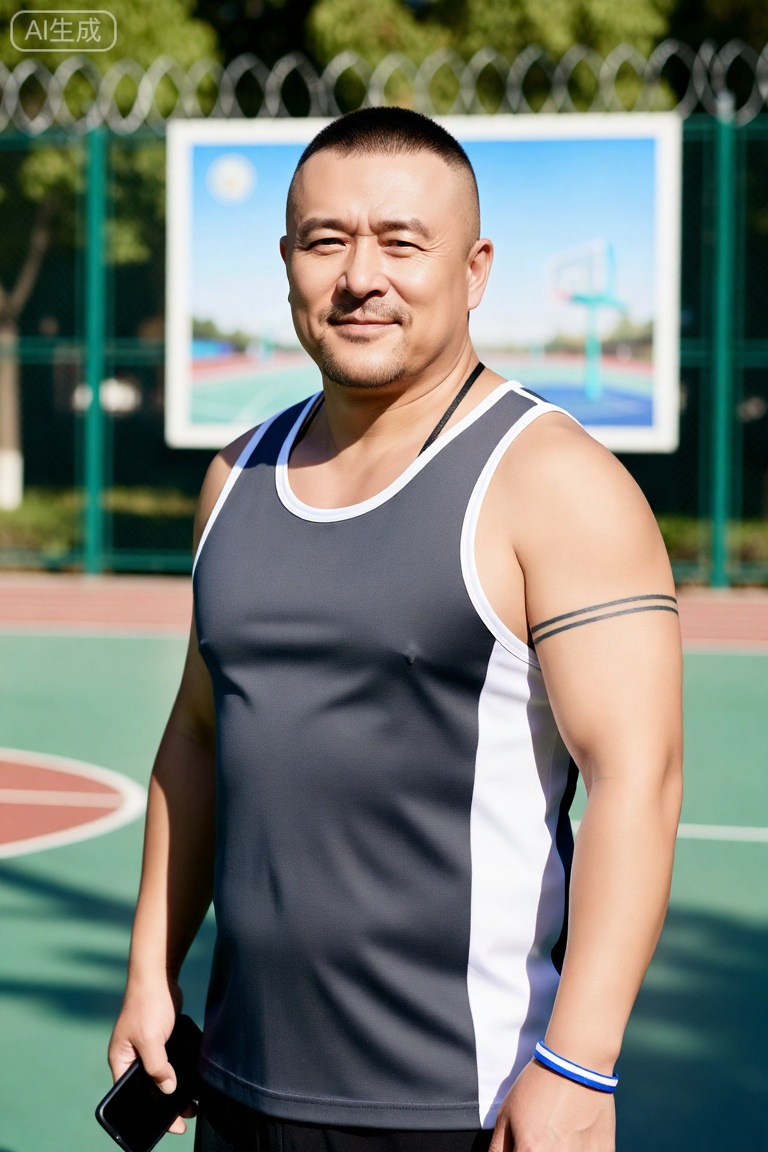 DYWH,Chen Jianbin, a 43-year-old middle-aged man, has a calm temperament and a sense of strength. He has a short buzzcut, stubble on his face, deep eyes, and a few fine lines appearing at the corners of his eyes when he smiles. The body type belongs to the fat-packed muscle type. Although the muscle lines are covered with fat, they still look strong. There is a black abstract line tattoo on his right arm.

Wearing a dark gray and white sports vest with a black thong, a blue and white sports bracelet on his left wrist, and a black mobile phone in his right hand.

Standing beside the outdoor football field, the background is a green basketball court and a gray barbed wire fence. The sun shines down, creating mottled light and shadow on the ground.