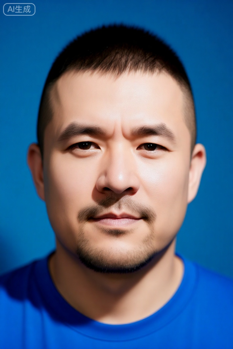 nsjs,极致细节,4K壁纸,最高质量,杰作,极致清晰,
在室内专业人像拍摄场景中,白天时分,柔和的顶光均匀洒落。一位中年男子拍摄正面人像,他留着短而整齐的板寸头,脸颊和下巴上的胡须修剪得干净利落,身着亮蓝色上衣。他头部端正朝前,背景是纯蓝色的墙面,光线清晰地勾勒出面部轮廓,整体画面简洁正式,兼具身份证照片或标准人像的质感。