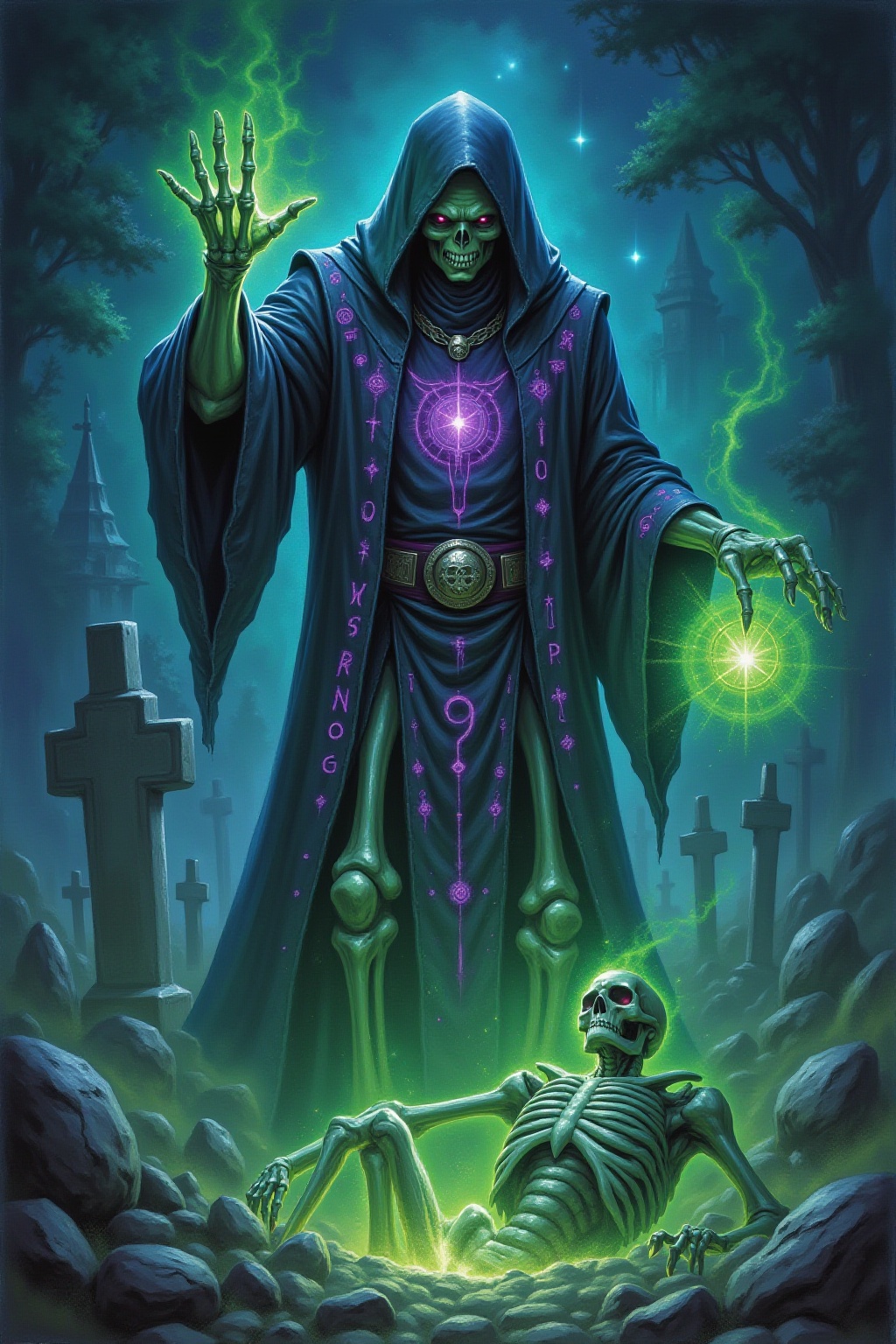 Full body shot of undead necromancer in rugged black robes covered with purple glowing runes. He gas Detailed skeleton han...