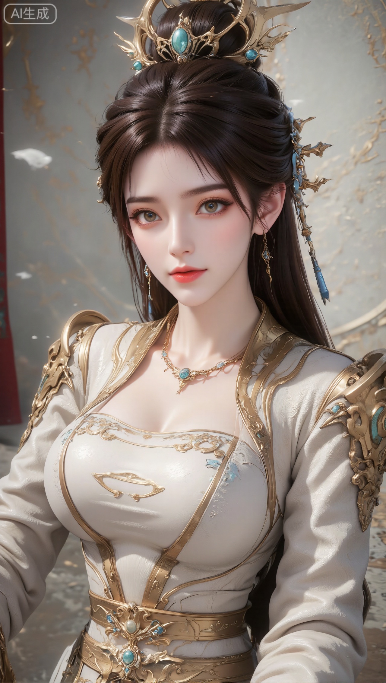 Panoramic portrait of a woman in gorgeous ancient costumes, with long black hair tied high, wearing a golden hair crown and hairpin decorated with blue-green gems; the clothing is mainly white and gold, with exquisite gold and blue-green metal decorations on the shoulders and arms, and clothing with golden lines inside; wearing a gold necklace inlaid with blue-green gems around the neck; exquisite makeup, soft eye makeup, and rosy lips; the background is a wall with Chinese hollow patterns and light tones