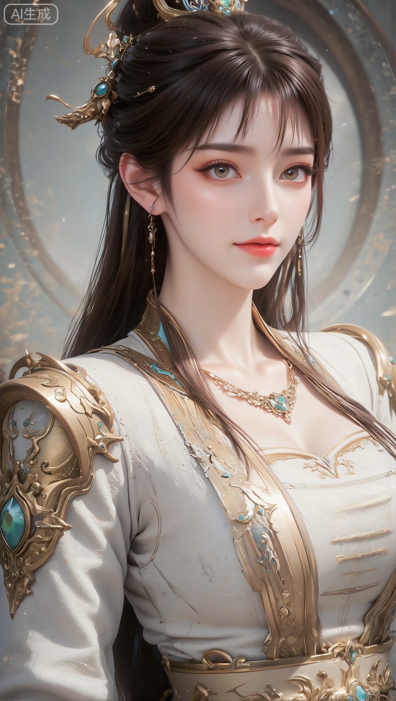 Panoramic portrait of a woman in gorgeous ancient costumes, with long black hair tied high, wearing a golden hair crown and hairpin decorated with blue-green gems; the clothing is mainly white and gold, with exquisite gold and blue-green metal decorations on the shoulders and arms, and clothing with golden lines inside; wearing a gold necklace inlaid with blue-green gems around the neck; exquisite makeup, soft eye makeup, and rosy lips; the background is a wall with Chinese hollow patterns and light tones