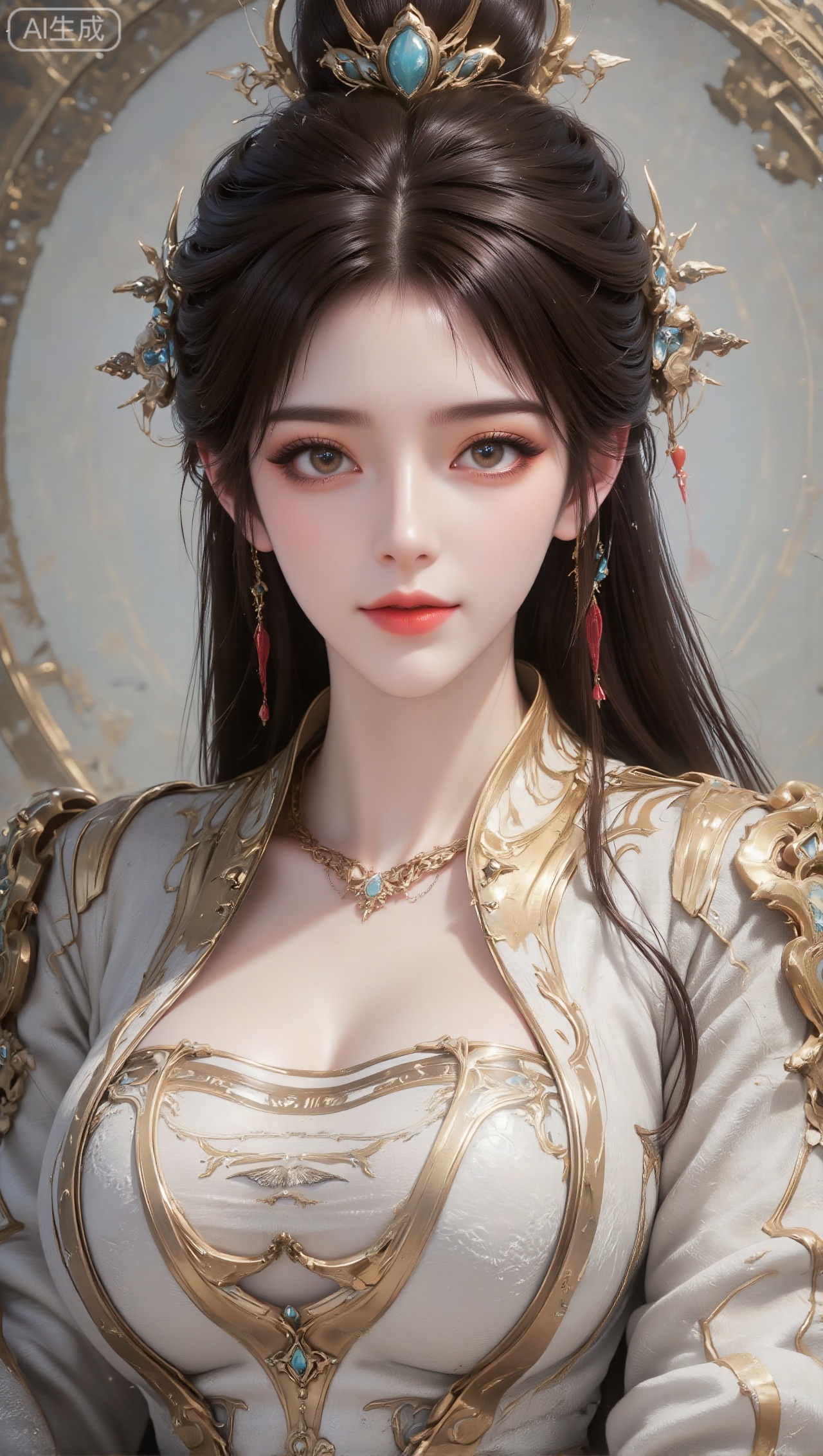 Panoramic portrait of a woman in gorgeous ancient costumes, with long black hair tied high, wearing a golden hair crown and hairpin decorated with blue-green gems; the clothing is mainly white and gold, with exquisite gold and blue-green metal decorations on the shoulders and arms, and clothing with golden lines inside; wearing a gold necklace inlaid with blue-green gems around the neck; exquisite makeup, soft eye makeup, and rosy lips; the background is a wall with Chinese hollow patterns and light tones