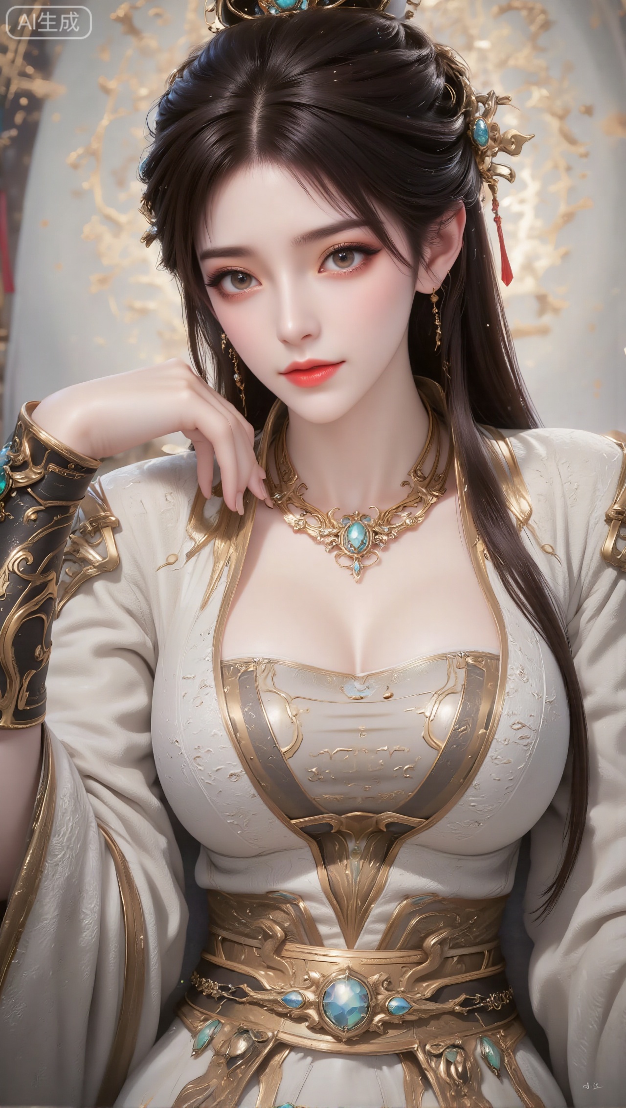 Panoramic portrait of a woman in gorgeous ancient costumes, with long black hair tied high, wearing a golden hair crown and hairpin decorated with blue-green gems; the clothing is mainly white and gold, with exquisite gold and blue-green metal decorations on the shoulders and arms, and clothing with golden lines inside; wearing a gold necklace inlaid with blue-green gems around the neck; exquisite makeup, soft eye makeup, and rosy lips; the background is a wall with Chinese hollow patterns and light tones