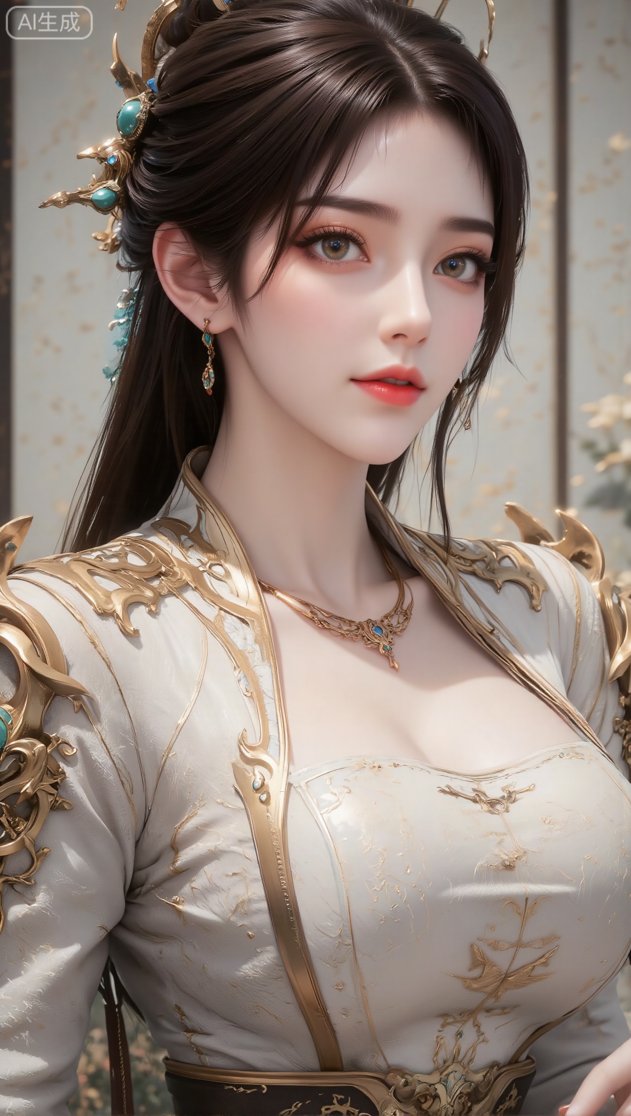 Panoramic portrait of a woman in gorgeous ancient costumes, with long black hair tied high, wearing a golden hair crown and hairpin decorated with blue-green gems; the clothing is mainly white and gold, with exquisite gold and blue-green metal decorations on the shoulders and arms, and clothing with golden lines inside; wearing a gold necklace inlaid with blue-green gems around the neck; exquisite makeup, soft eye makeup, and rosy lips; the background is a wall with Chinese hollow patterns and light tones