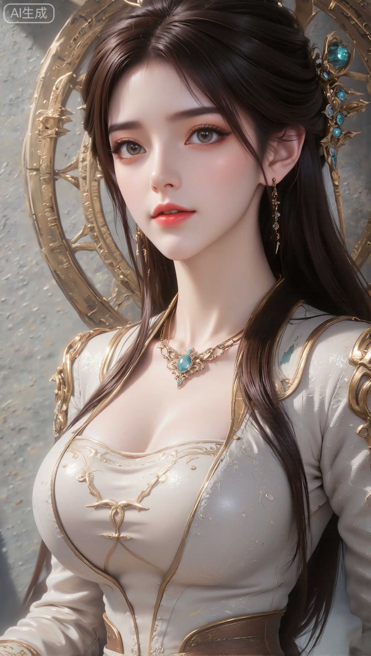 Panoramic portrait of a woman in gorgeous ancient costumes, with long black hair tied high, wearing a golden hair crown and hairpin decorated with blue-green gems; the clothing is mainly white and gold, with exquisite gold and blue-green metal decorations on the shoulders and arms, and clothing with golden lines inside; wearing a gold necklace inlaid with blue-green gems around the neck; exquisite makeup, soft eye makeup, and rosy lips; the background is a wall with Chinese hollow patterns and light tones