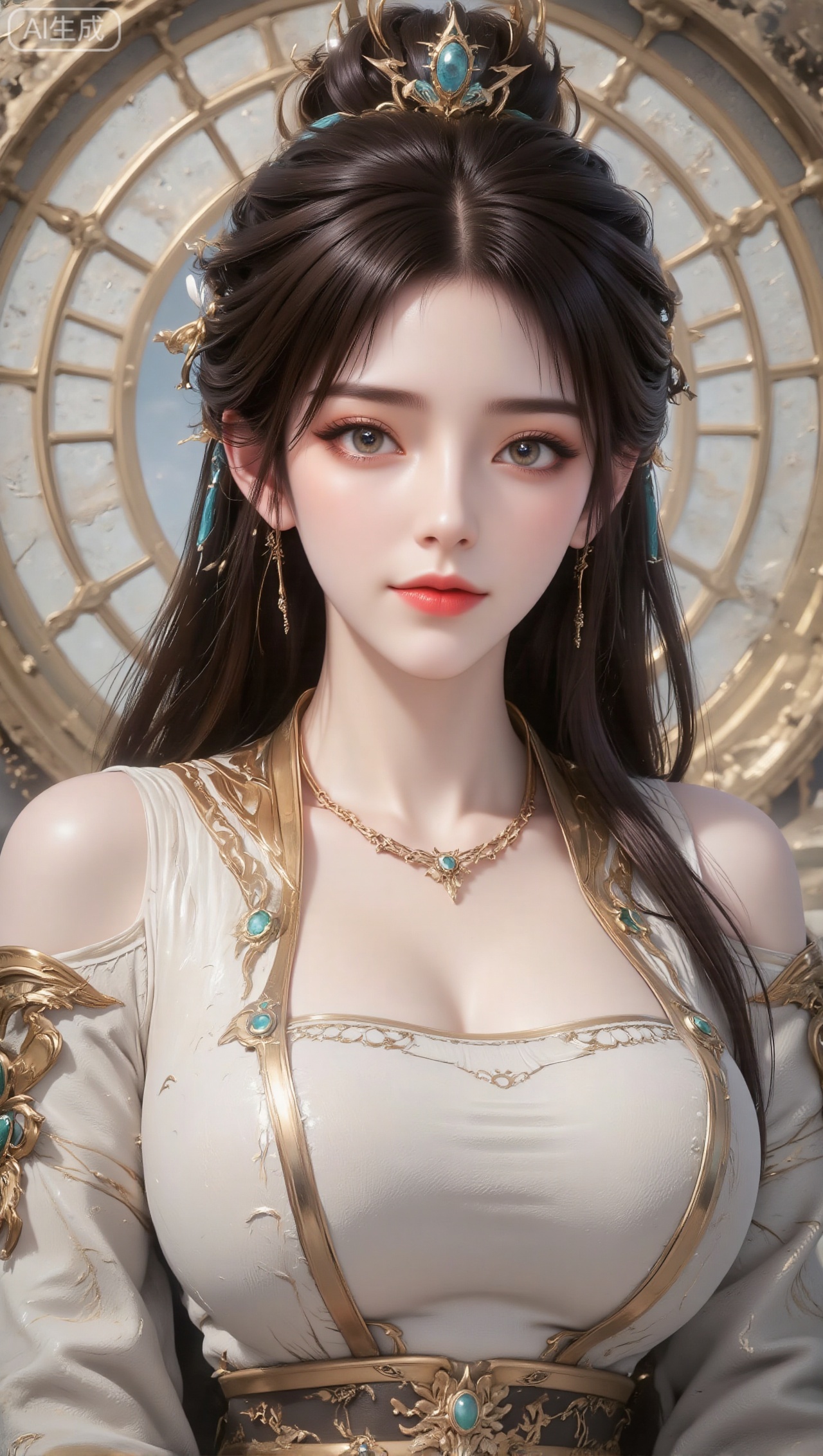 Panoramic portrait of a woman in gorgeous ancient costumes, with long black hair tied high, wearing a golden hair crown and hairpin decorated with blue-green gems; the clothing is mainly white and gold, with exquisite gold and blue-green metal decorations on the shoulders and arms, and clothing with golden lines inside; wearing a gold necklace inlaid with blue-green gems around the neck; exquisite makeup, soft eye makeup, and rosy lips; the background is a wall with Chinese hollow patterns and light tones