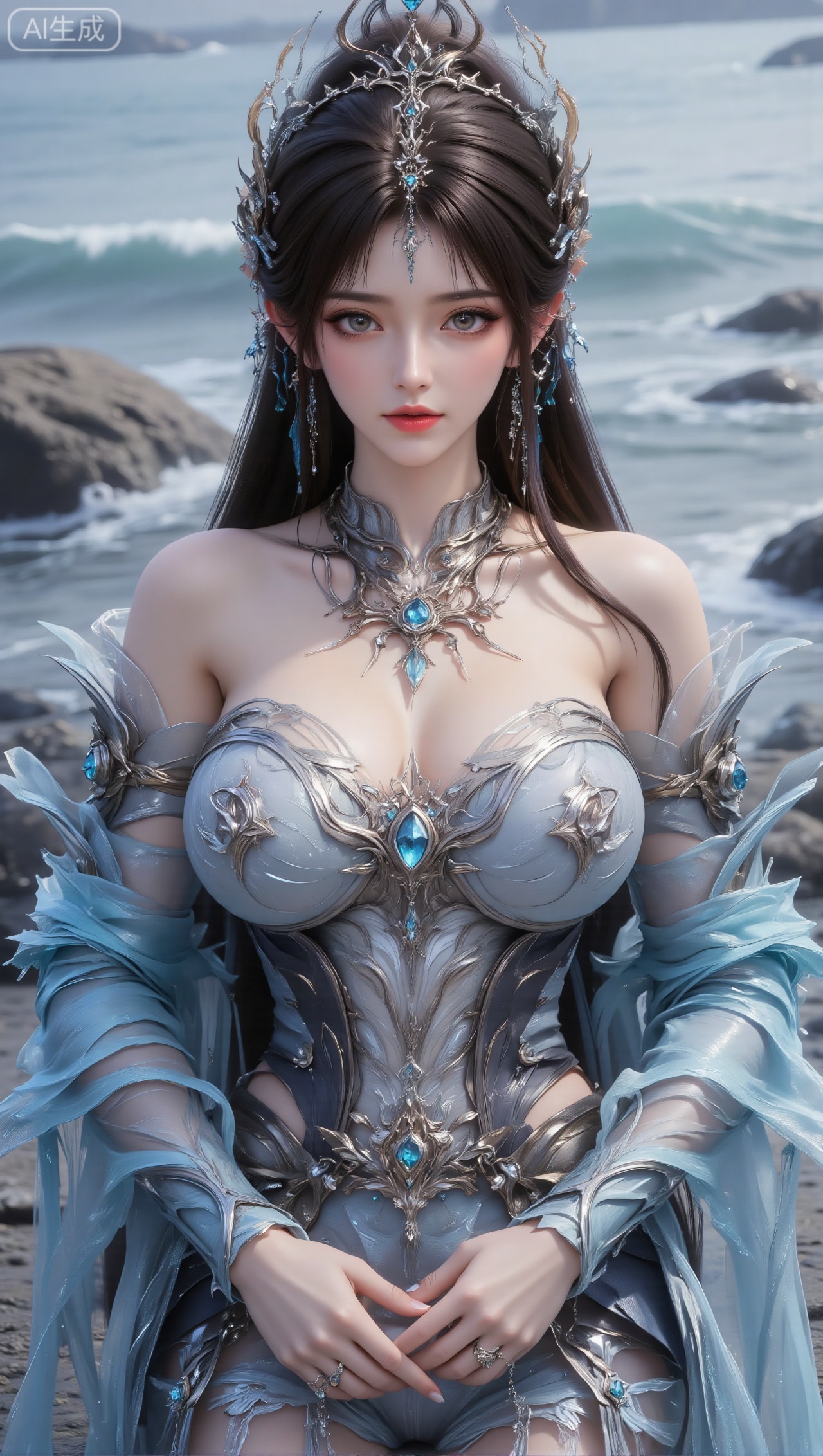 Panoramic portrait of a woman dressed in gorgeous fairy costumes. The costumes are mainly light blue and silver, with exquisite and complicated designs, with transparent tulle and metallic decorations. There are flowing blue and white sleeves on the shoulders and cuffs. She wears silver necklaces and jewelry inlaid with gems on her chest and neck; she wears complex jewelry on her head. She has a beautiful silver and blue hair crown with tassels of drop-shaped gemstones hanging between her hair, and her earrings are matching sapphire tassels. She has long black and bright hair, a dignified posture, and her hands folded in front of her. The background is a seaside scene with undulating waves and rocks. The overall picture is delicate and beautiful, full of fairy tale fantasy atmosphere.