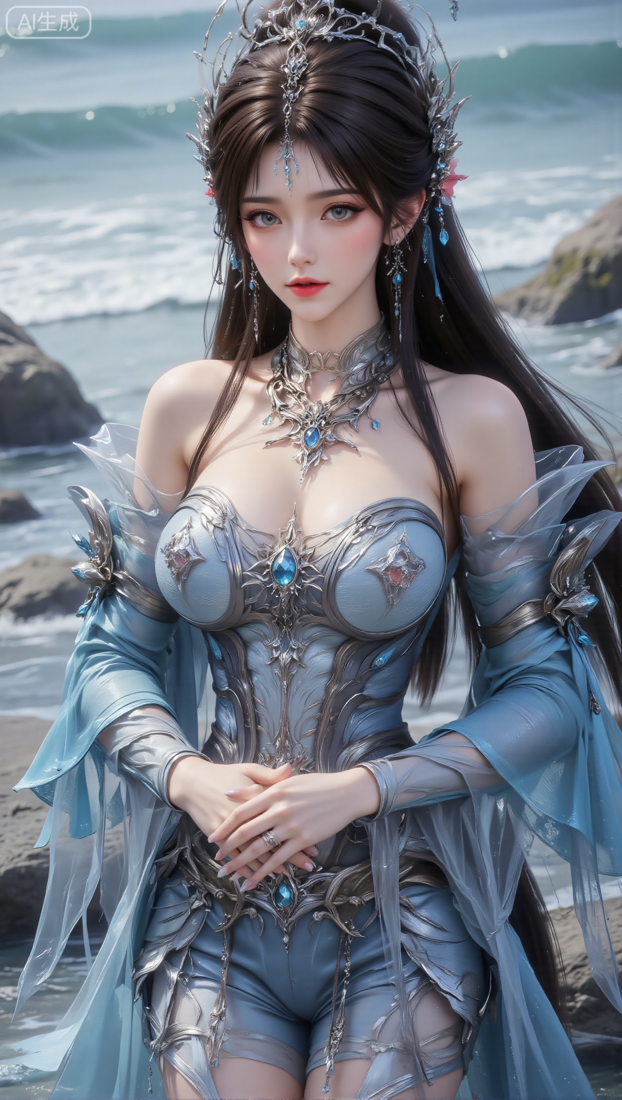 Panoramic portrait of a woman dressed in gorgeous fairy costumes. The costumes are mainly light blue and silver, with exquisite and complicated designs, with transparent tulle and metallic decorations. There are flowing blue and white sleeves on the shoulders and cuffs. She wears silver necklaces and jewelry inlaid with gems on her chest and neck; she wears complex jewelry on her head. She has a beautiful silver and blue hair crown with tassels of drop-shaped gemstones hanging between her hair, and her earrings are matching sapphire tassels. She has long black and bright hair, a dignified posture, and her hands folded in front of her. The background is a seaside scene with undulating waves and rocks. The overall picture is delicate and beautiful, full of fairy tale fantasy atmosphere.