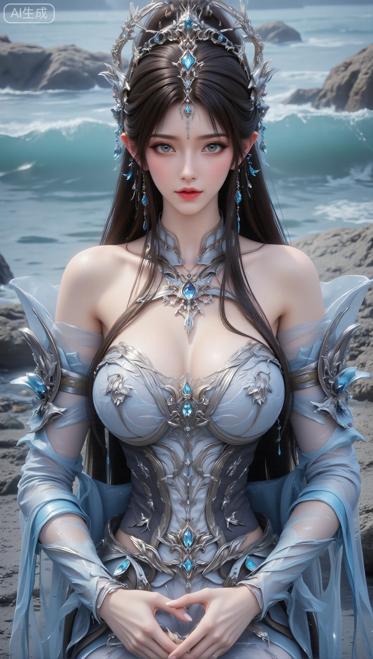 Panoramic portrait of a woman dressed in gorgeous fairy costumes. The costumes are mainly light blue and silver, with exquisite and complicated designs, with transparent tulle and metallic decorations. There are flowing blue and white sleeves on the shoulders and cuffs. She wears silver necklaces and jewelry inlaid with gems on her chest and neck; she wears complex jewelry on her head. She has a beautiful silver and blue hair crown with tassels of drop-shaped gemstones hanging between her hair, and her earrings are matching sapphire tassels. She has long black and bright hair, a dignified posture, and her hands folded in front of her. The background is a seaside scene with undulating waves and rocks. The overall picture is delicate and beautiful, full of fairy tale fantasy atmosphere.