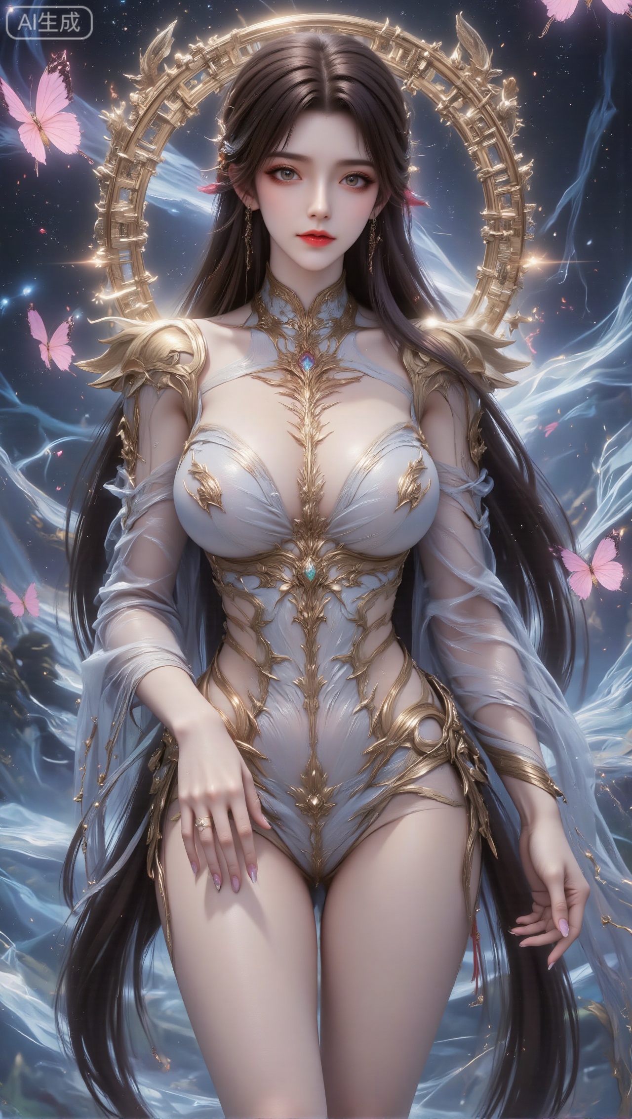 Panoramic portrait, a woman dressed in gorgeous fairy costumes. The costumes are mainly light blue and gold, with exquisite and complicated designs. They are made of transparent fabrics. The neck and shoulders are decorated with exquisite gold patterns, which are luxurious and full of fantasy texture. Her long hair is smooth and elegant, and she wears matching accessories. Gold earrings with an elegant posture, one hand is gently raised near the face, showing gentleness and agility; there are exquisitely carved golden ring-shaped light-effect accessories on the back, adding a sacred and dreamy atmosphere to the whole; the background is a starry scene with blue streams of light, and pink butterflies flying gracefully