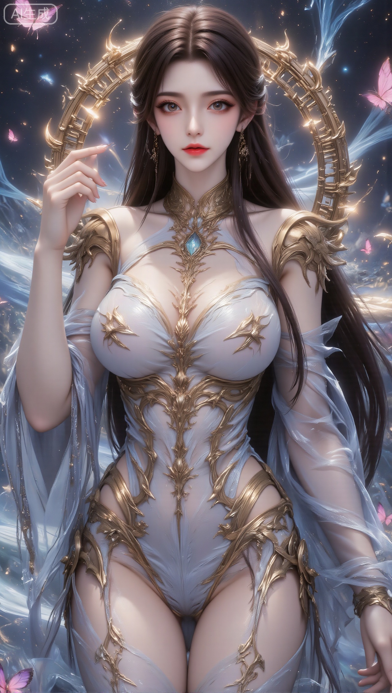 Panoramic portrait, a woman dressed in gorgeous fairy costumes. The costumes are mainly light blue and gold, with exquisite and complicated designs. They are made of transparent fabrics. The neck and shoulders are decorated with exquisite gold patterns, which are luxurious and full of fantasy texture. Her long hair is smooth and elegant, and she wears matching accessories. Gold earrings with an elegant posture, one hand is gently raised near the face, showing gentleness and agility; there are exquisitely carved golden ring-shaped light-effect accessories on the back, adding a sacred and dreamy atmosphere to the whole; the background is a starry scene with blue streams of light, and pink butterflies flying gracefully