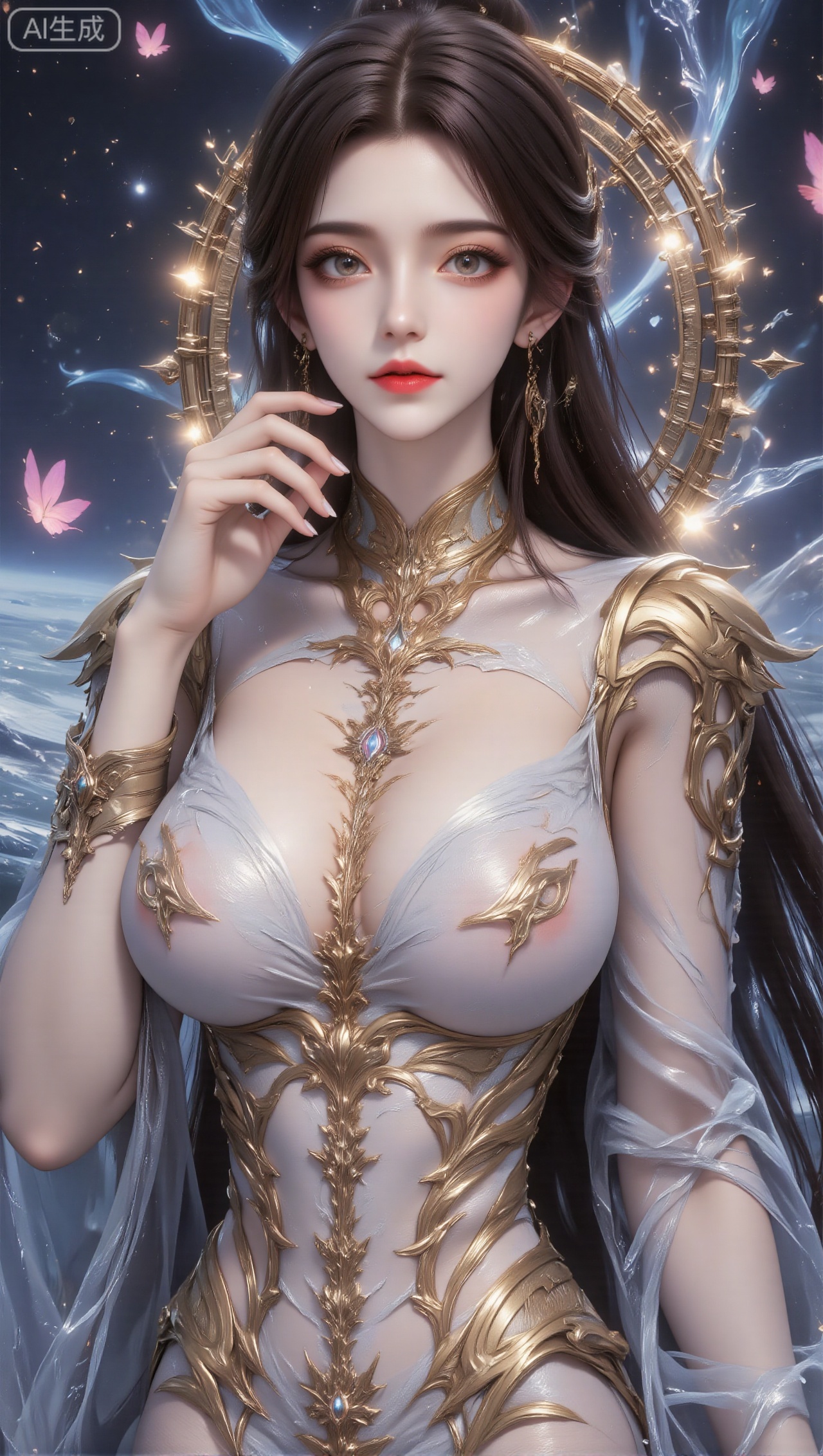 Panoramic portrait, a woman dressed in gorgeous fairy costumes. The costumes are mainly light blue and gold, with exquisite and complicated designs. They are made of transparent fabrics. The neck and shoulders are decorated with exquisite gold patterns, which are luxurious and full of fantasy texture. Her long hair is smooth and elegant, and she wears matching accessories. Gold earrings with an elegant posture, one hand is gently raised near the face, showing gentleness and agility; there are exquisitely carved golden ring-shaped light-effect accessories on the back, adding a sacred and dreamy atmosphere to the whole; the background is a starry scene with blue streams of light, and pink butterflies flying gracefully