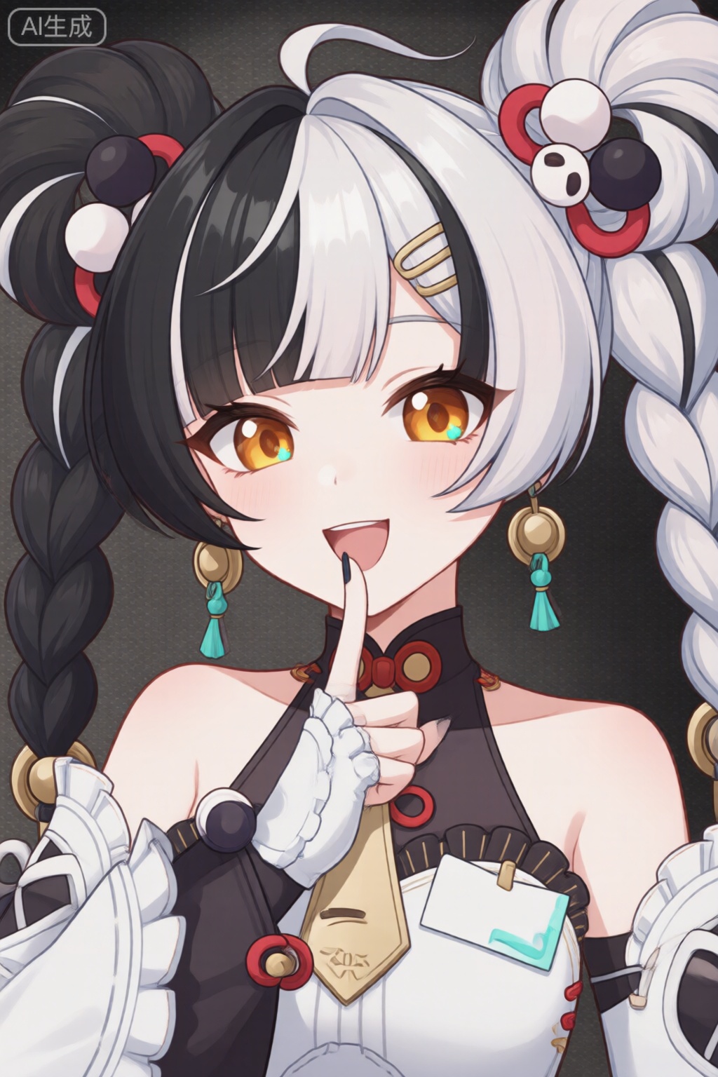 A digital illustration shoot from a close-up camera angle about an anime-style illustration of a character with a playful expression and finger on her lips, wearing a stylish outfit with white gloves and earrings. the character, a young woman with pale skin and long black hair styled in twin braids, is positioned in the middle of the image, with her upper body facing the viewer and looking directly at them with a smile. she has large, expressive orange eyes and is wearing a black and white outfit with intricate details, including a pair of earrings and a hair ornament. her hair is styled in two braids with hair accessories, and she has a finger to her lips in a playful gesture. the background is a dark, textured surface with a subtle gradient, and the image has a soft, pastel color palette.

1girl, solo, long hair, looking at viewer, smile, open mouth, gloves, black hair, hair ornament, jewelry, twintails, upper body, yellow eyes, braid, earrings, white gloves, finger to mouth, hair bun, two-tone hair, fingernails, fingering, hair scrunchie, finger on own lips, hair stick, hair over one eye