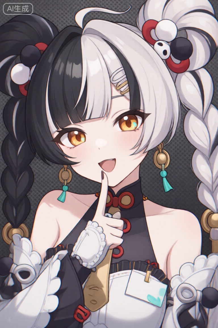 A digital illustration shoot from a close-up camera angle about an anime-style illustration of a character with a playful expression and finger on her lips, wearing a stylish outfit with white gloves and earrings. the character, a young woman with pale skin and long black hair styled in twin braids, is positioned in the middle of the image, with her upper body facing the viewer and looking directly at them with a smile. she has large, expressive orange eyes and is wearing a black and white outfit with intricate details, including a pair of earrings and a hair ornament. her hair is styled in two braids with hair accessories, and she has a finger to her lips in a playful gesture. the background is a dark, textured surface with a subtle gradient, and the image has a soft, pastel color palette.

1girl, solo, long hair, looking at viewer, smile, open mouth, gloves, black hair, hair ornament, jewelry, twintails, upper body, yellow eyes, braid, earrings, white gloves, finger to mouth, hair bun, two-tone hair, fingernails, fingering, hair scrunchie, finger on own lips, hair stick, hair over one eye