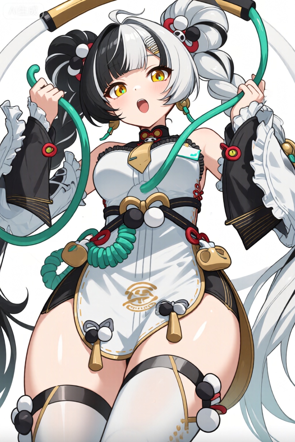 A digital illustration shoot from below about a character with white hair styled in pigtails, wearing a revealing outfit with a white and black color scheme, lying on her back in the middle of the image, looking up at the viewer with a surprised expression. the character appears to be a young woman with pale skin, long black hair, and yellow eyes. she has a slim body and is wearing a white apron with black frills and a black and white corset, along with a pair of black thigh-high stockings. her hair is styled in twin tails, and she is holding a large, green horn-like object in her hands. the background is a plain white, and the character is positioned in the center of the frame, with her upper body facing the viewer and her eyes looking directly at them. the image has a high level of detail and shading, with a focus on the characters expression and the intricate design of her outfit.

katsuragi misato, 1girl, solo, long hair, breasts, looking at viewer, blush, open mouth, simple background, white background, long sleeves, thighhighs, twintails, yellow eyes, dress, hair between eyes, white hair, hair ornament, multicolored hair, sidelocks, white dress, detached sleeves, black thighhigh, puffy sleeves, from below, black hair ornament