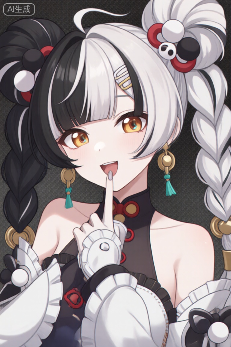 A digital illustration shoot from a close-up camera angle about an anime-style illustration of a character with a playful expression and finger on her lips, wearing a stylish outfit with white gloves and earrings. the character, a young woman with pale skin and long black hair styled in twin braids, is positioned in the middle of the image, with her upper body facing the viewer and looking directly at them with a smile. she has large, expressive orange eyes and is wearing a black and white outfit with intricate details, including a pair of earrings and a hair ornament. her hair is styled in two braids with hair accessories, and she has a finger to her lips in a playful gesture. the background is a dark, textured surface with a subtle gradient, and the image has a soft, pastel color palette.

1girl, solo, long hair, looking at viewer, smile, open mouth, gloves, black hair, hair ornament, jewelry, twintails, upper body, yellow eyes, braid, earrings, white gloves, finger to mouth, hair bun, two-tone hair, fingernails, fingering, hair scrunchie, finger on own lips, hair stick, hair over one eye