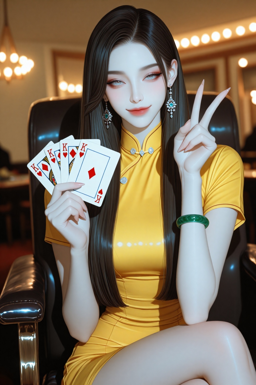牛仔镜头,  一位五官极为精致且立体的冷白皮亚洲高颜值神颜女人,  她身着剪裁精致的黄色旗袍 on Tensor.Art