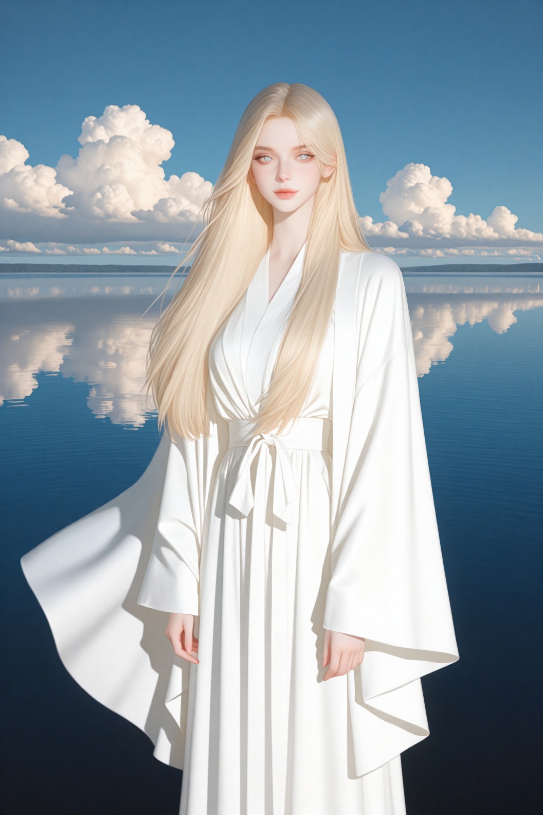 Nyudo clouds reflected on the transparent lake surface、A blond heterochromatic girl standing in front of it。her pure white...