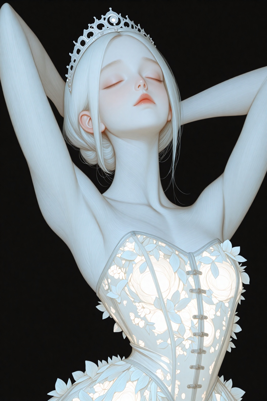 A whimsical soft digital painting,  half body portrait,  a serene **** pale princess wearing simple tightly corseted glowi...