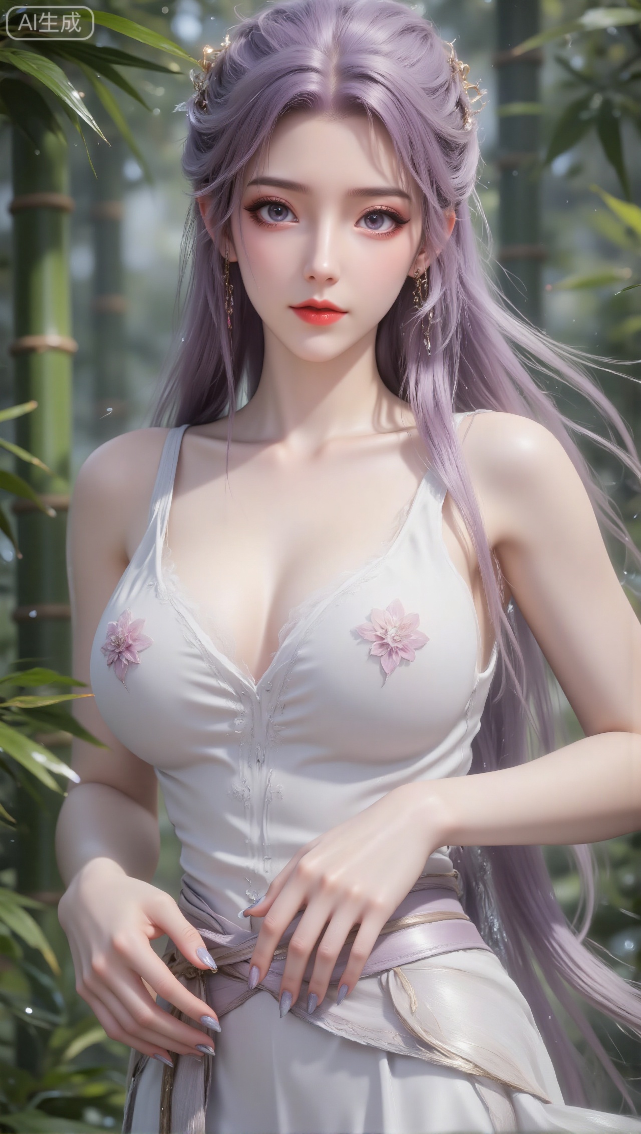 A woman with an ancient fairy-like temperament. She has long lavender hair (part of her hair hangs down naturally and is dotted with exquisite golden hair accessories). Her purple eyes are clear and moving. Her makeup is elegant and delicate. She is wearing white elegant clothes and has exquisite purple-blue gradient manicure on her hands. The background is a green bamboo forest, with crystal dewdrops hanging on the bamboo leaves. Soft and fresh light is falling. The overall atmosphere is quiet and beautiful, full of fairy tale artistic conception.