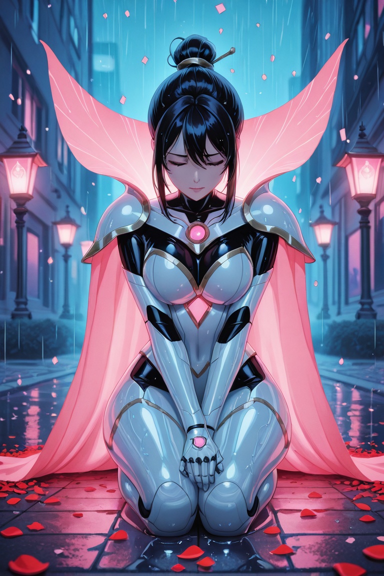 From an over-the-shoulder perspective,  the image presents a strikingly solitary figure—a woman with long black hair tied...