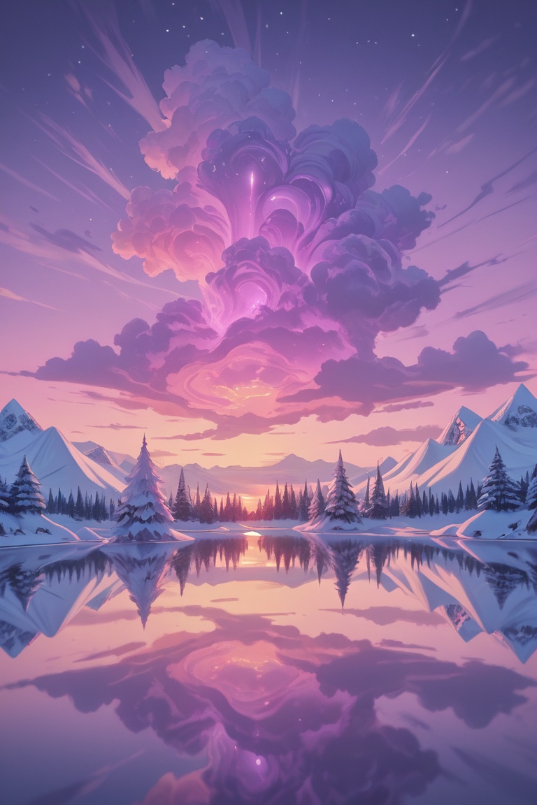majestic snow-covered mountains,  serene frozen lake,  glowing pink and purple sunset sky on Tensor.Art