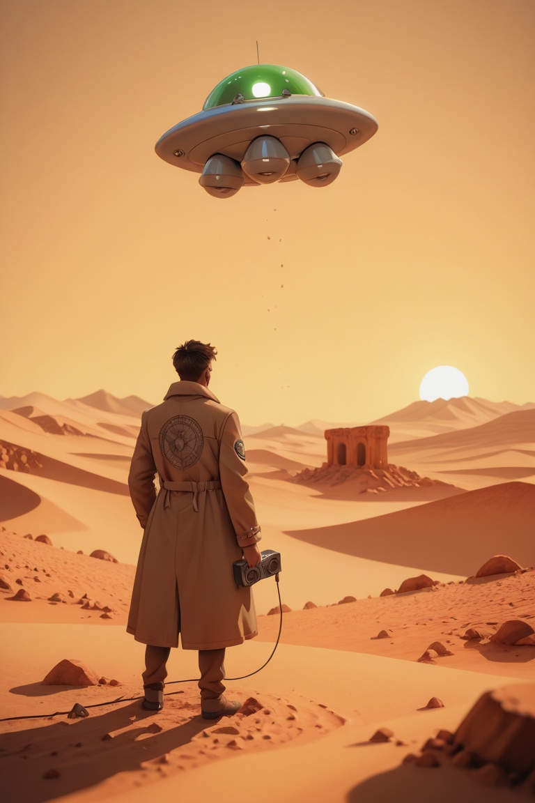 VectorPaintDaal,  A barren desert landscape at sunset,  with a crashed UFO half-buried in the sand. The craft is ancient a...