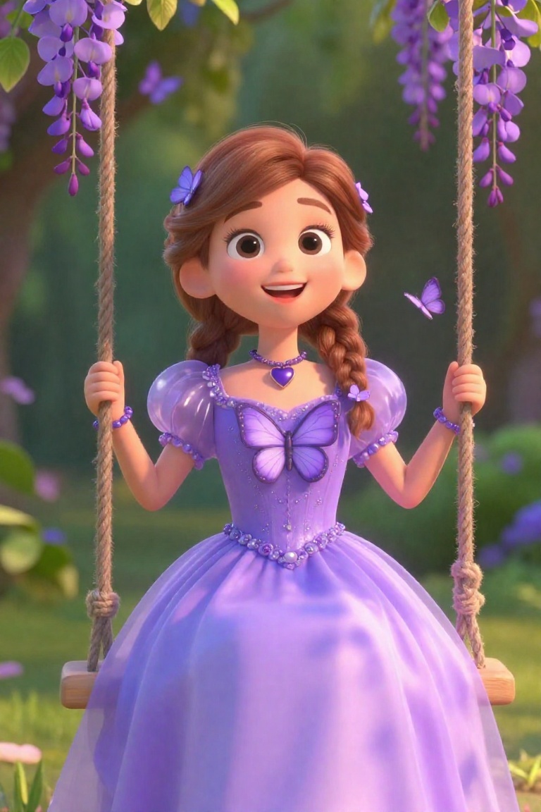 A breathtakingly beautiful young woman sitting gracefully on a rustic rope swing nestled among blooming purple wisteria vi...