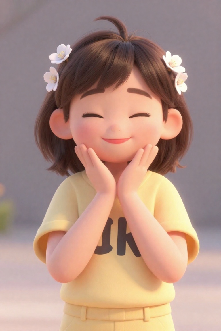 A sweetly glowing young woman with shoulder-length brown hair and bangs,  styled in two cute top buns adorned with small w...