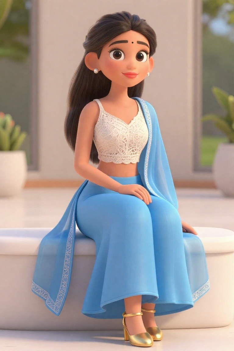 A breathtakingly beautiful young woman sitting gracefully on a white modern bench or ledge indoors,  her long dark hair st...