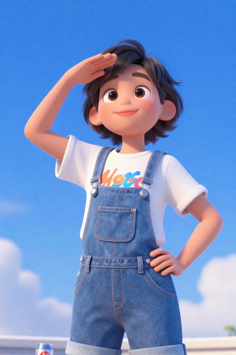 A stunningly beautiful young woman standing under a brilliant blue sky with fluffy white clouds,  her short dark hair blow...