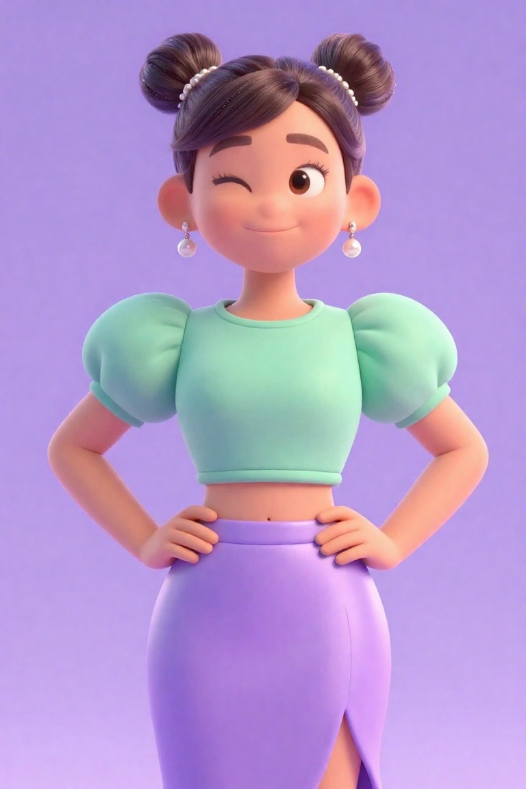High-fashion 4K portrait. Woman looks straight at camera,  playful wink,  hands on hips. Wearing a mint green puff-sleeve...