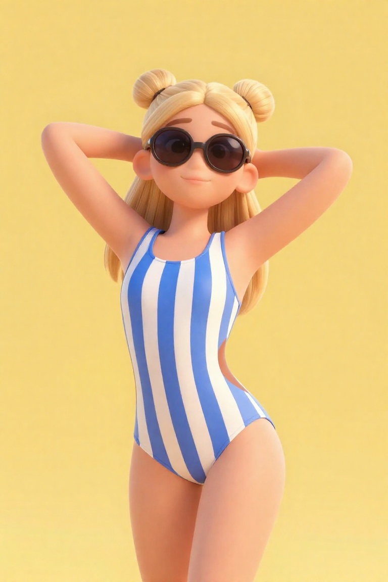 A vibrant and playful photograph of a woman posing against a bright yellow background. She has long blonde hair styled in...