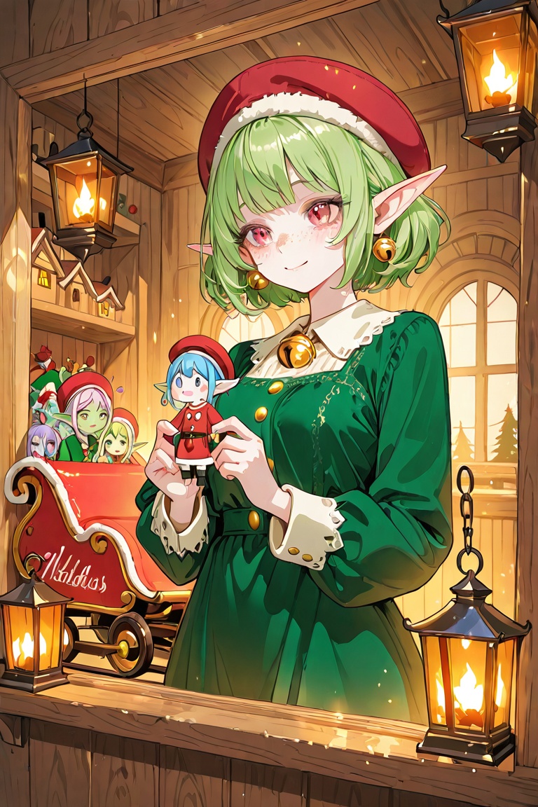 cheerful elf girl in workshop,  green velvet dress with gold buttons,  red beret with jingle bell on Tensor.Art