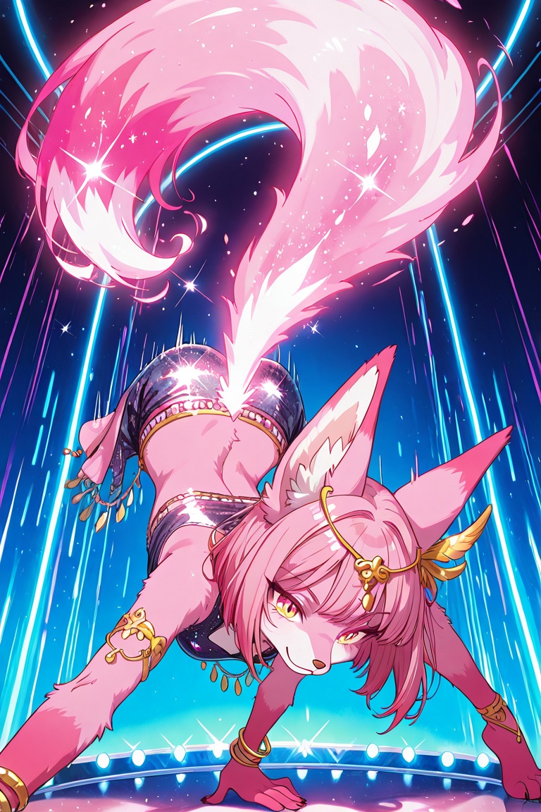 anthro fox dancer on nightclub stage,  shimmering pink fur with glitter,  dynamic spin pose on Tensor.Art