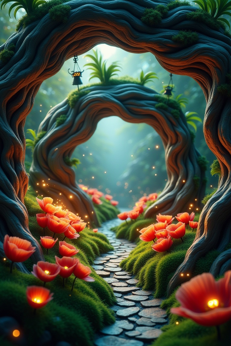 miniaturefantasy-style enchanted tiny world beneath an ancient twisted tree arch,  glowing poppy flowers illuminating the...