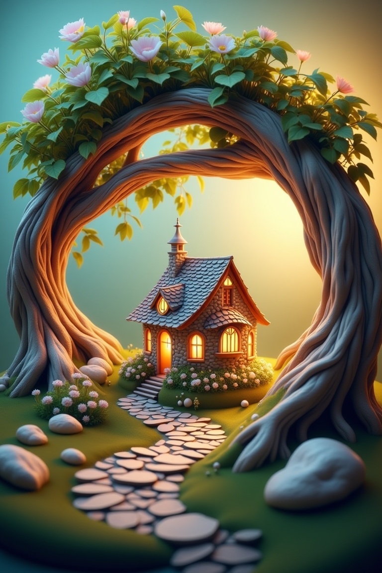 miniaturefantasy-style tiny fairytale cottage nestled under a curved tree arch,  surrounded by pastel flowers and soft glo...