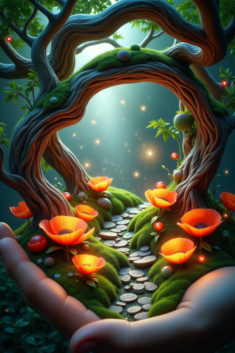 miniaturefantasy-style enchanted tiny world beneath an ancient twisted tree arch,  glowing poppy flowers illuminating the...