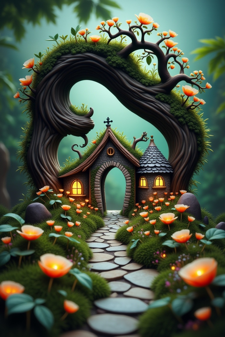 tiny fantasy cottage nestled beneath a curved ancient tree,  surrounded by glowing flowers and mossy textures in a detaile...