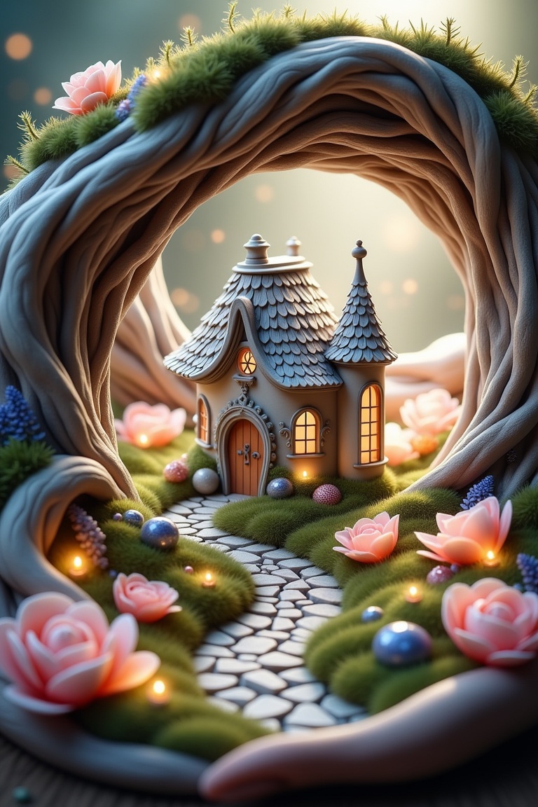 miniaturefantasy-style tiny fairytale cottage nestled under a curved tree arch,  surrounded by pastel flowers and soft glo...