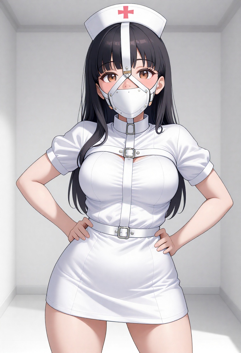 Create a high-quality digital illustration in anime style of a woman wearing a white leather gag harness wih straps that r...