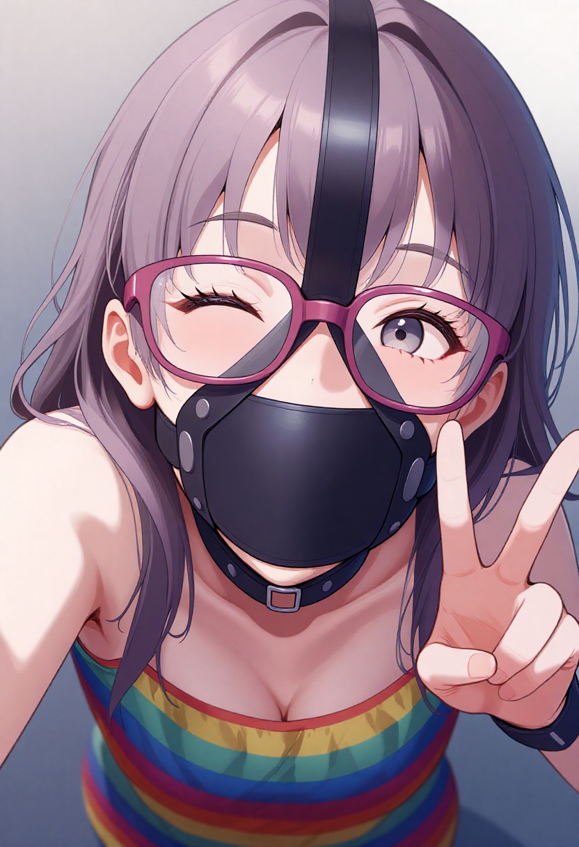Create a high quality digital illustration in anime style where a young woman is taking a selfie. She is wearing a black l...