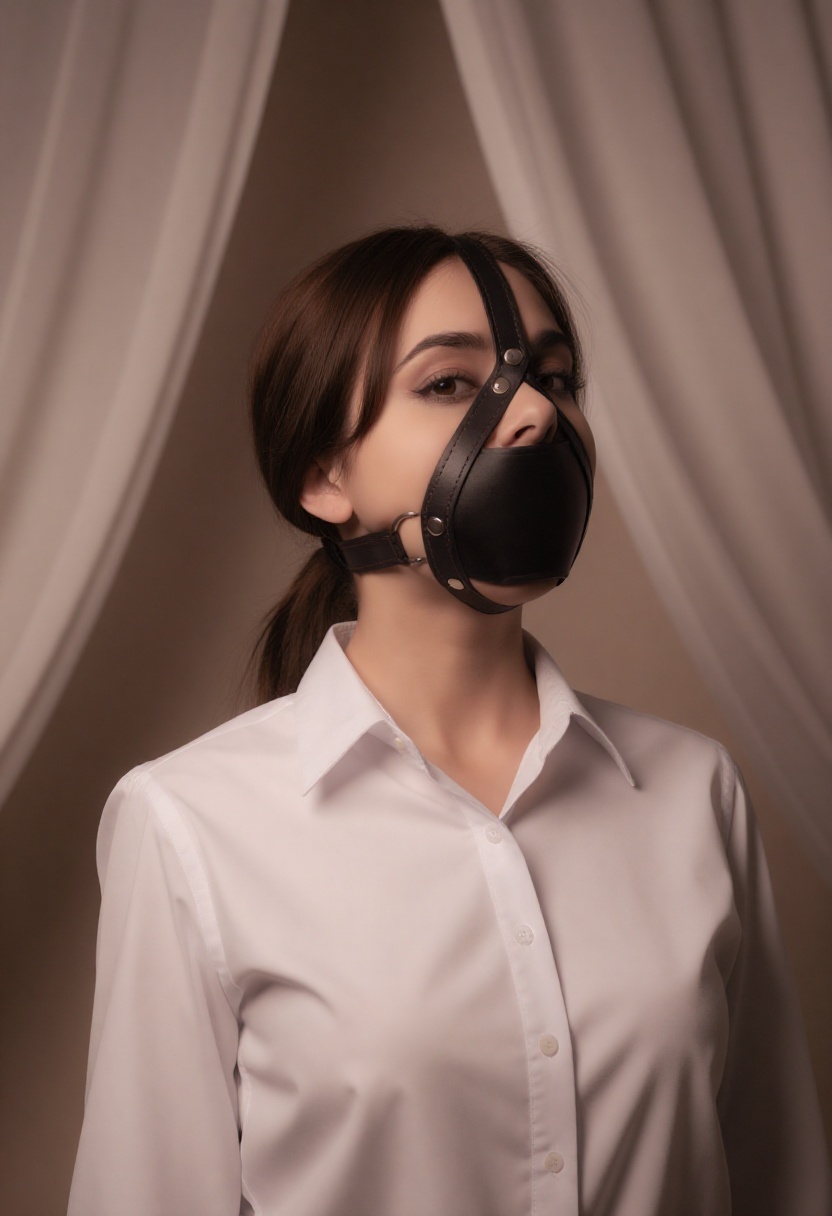 Create a scene where a young woman stands elegantly,  adorned in a black leather gag harness,  featuring a striking black...