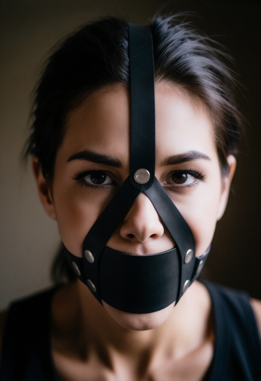 Create a detailed realistic photograph of a young woman in a striking pose,  wearing a sleek black leather harness around...
