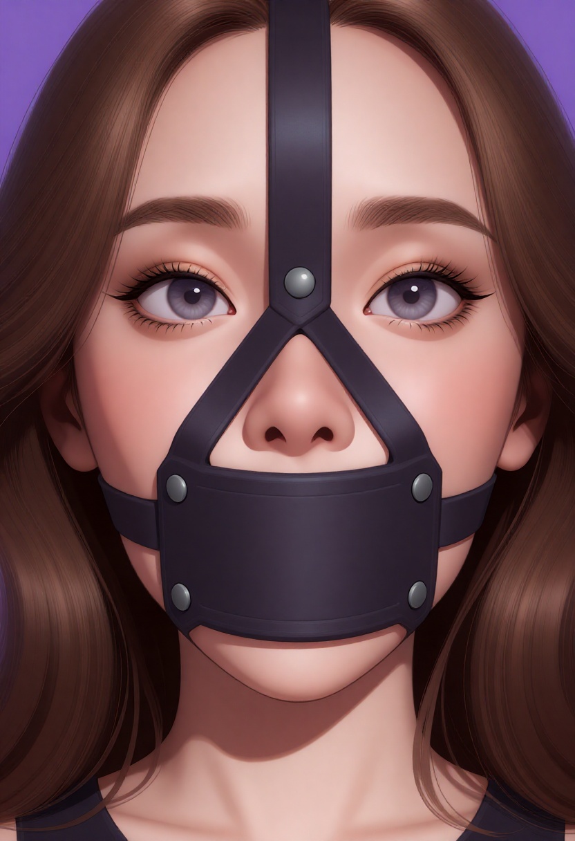 Create a digital illustration of a young woman wearing a harness panel gag that covers her mouth. on Tensor.Art