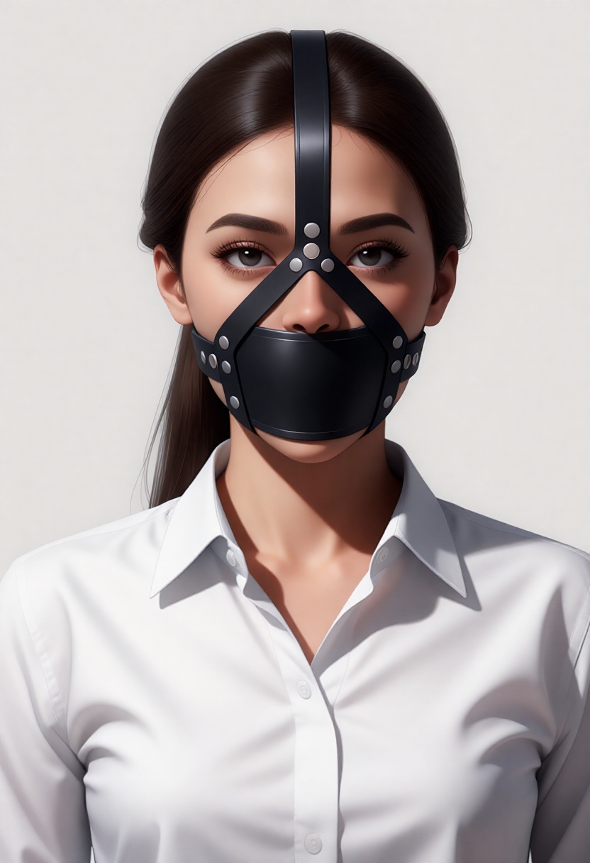 Create a high quality digital illustration where a young woman stands elegantly,  adorned in a black leather gag harness,...