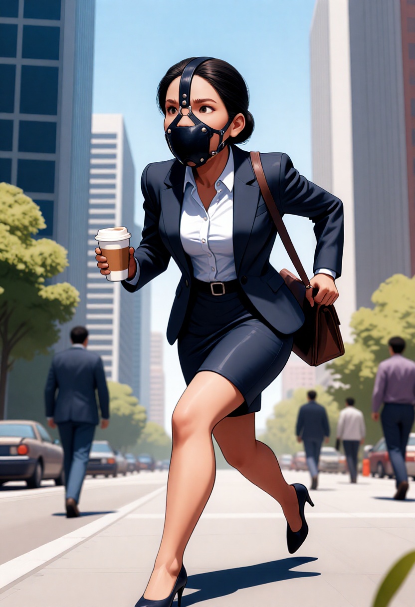 A high-quality digital illustration of an office lady is hurrying down the street. She is wearing a black leather gag harn...