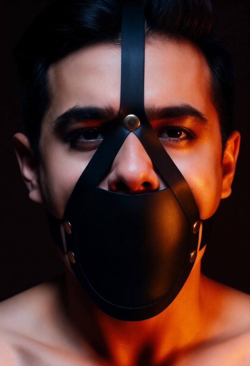 Create a scene where a man is wearing a black leather gag harness,  featuring a panel gag that completely covers his mouth...